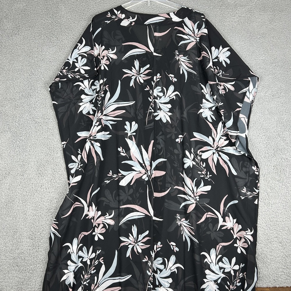Coastal Blue Kaftan Swim‎ Cover Up Womens Large Black Floral Sheer Tassel Cruise - Picture 5 of 9
